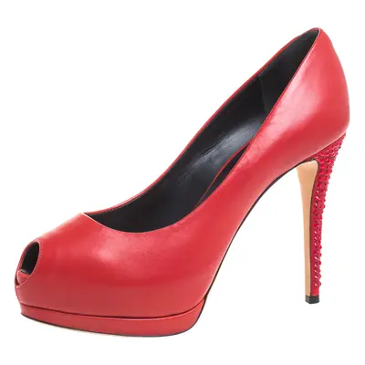 Giuseppe Zanotti Red Leather And Suede Crystal Embellished Peep Toe Platform Pumps Size