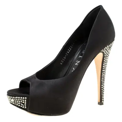 Gina Black Satin Crystal Embellished Peep Toe Platform Pumps Size