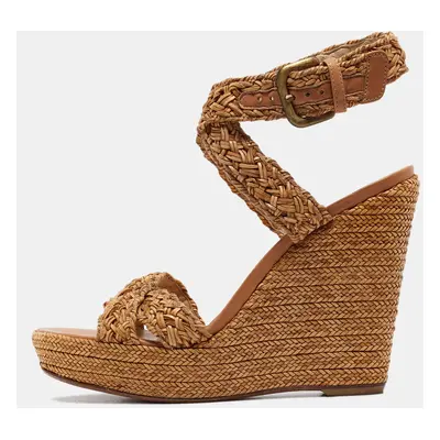 Stuart Weitzman Beige Leather and Raffia Braided Platform Wedge Sandals Size 39.5