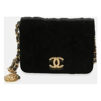 Chanel Black Velvet Camellia Mini Coin Purse With Chain