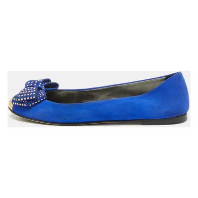 Giuseppe Zanotti Blue Suede and Gold Cap Toe Studded Bow Ballet Flats Size 38.5