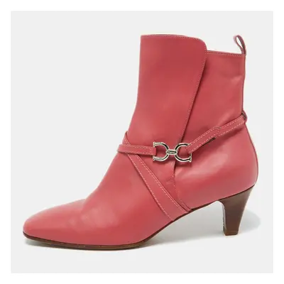 Salvatore Ferragamo Coral Pink Leather Gancini Ankle Length Boots Size