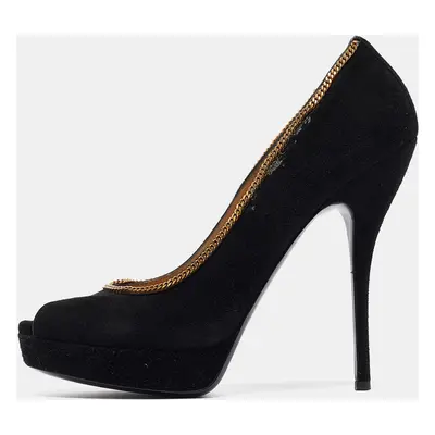 Gucci Black Suede Chain Trim Peep Toe Platform Pumps Size