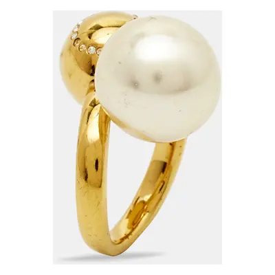 Carolina Herrera CH Faux Pearl Crystal Gold Tone Ring Size