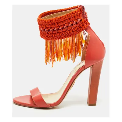 Roberto Cavalli Orange Leather and Woven Fabric Fringes Ankle Strap Sandals Size