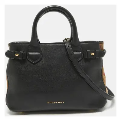 Burberry Black/Beige House Check Fabric and Leather Banner Tote