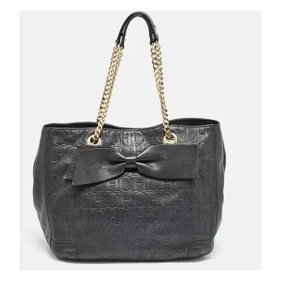 Carolina Herrera Black Monogram Embossed Leather Audrey Tote