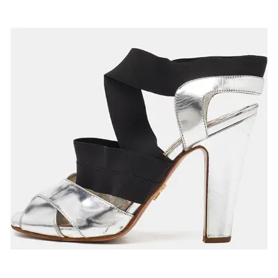 Prada Black/Silver Leather and Fabric Strappy Open Toe Sandals Size