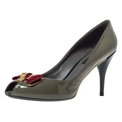 Louis Vuitton Grey Patent Leather Lou Peep Toe Pumps Size 37.5