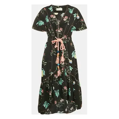 Peter Pilotto Navy Blue Floral Print Asymmetric Flounce Midi Dress