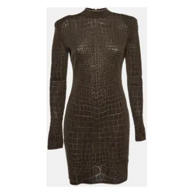 Balmain Brown Crocodile Patterned Jersey Fitted Mini Dress