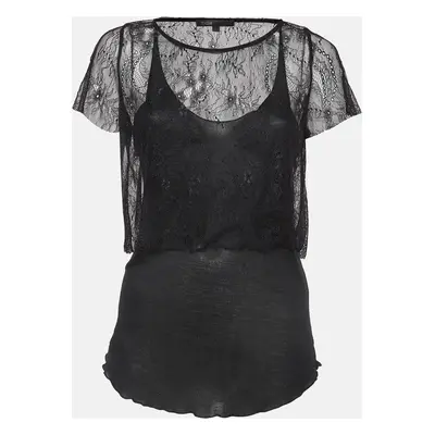 Maje Black Patterned Lace and Knit Layered Top