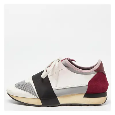 Balenciaga White/Burgundy Leather,Suede and Mesh Race Runner Sneakers Size