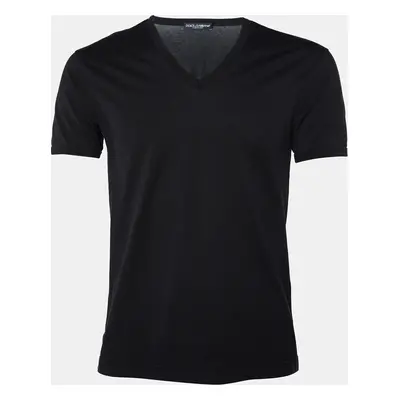 Dolce & Gabbana Black Cotton Knit V-Neck T-Shirt