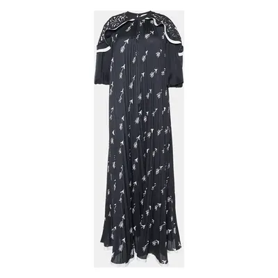 Self-Portrait Black Arrow Print Crepe Pleated Lace Trimmed Long Dress