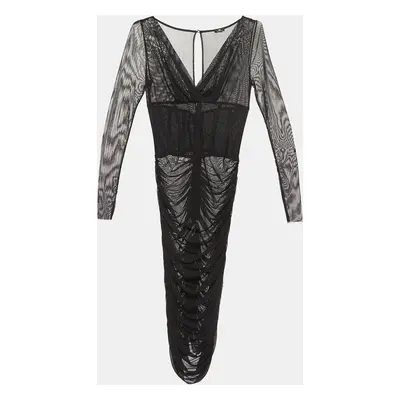 Elisabetta Franchi Black Ruched Mesh Midi Dress