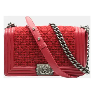 Chanel Red Quilted Tweed Lambskin Old Boy Bag