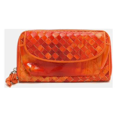 Bottega Veneta Orange Intrecciato Patent Leather Zip Around Wallet