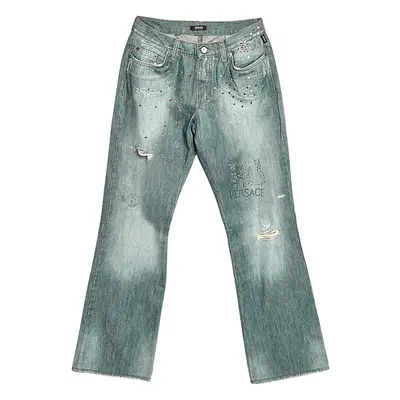 Versace Jeans Couture Blue Embellished Denim Flared Leg Distressed Jeans