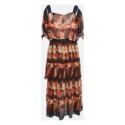 Fendi Multicolor Parakeet Print Silk Embellished Tiered Maxi Dress