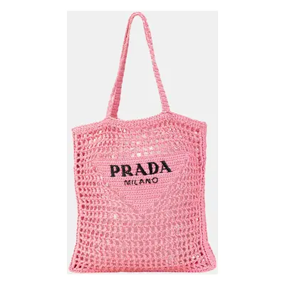 Prada Pink Crochet Raffia Logo Tote