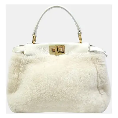 Fendi White Shearling Shiny Nappa Mini Peekaboo Iconic Satchel Bag