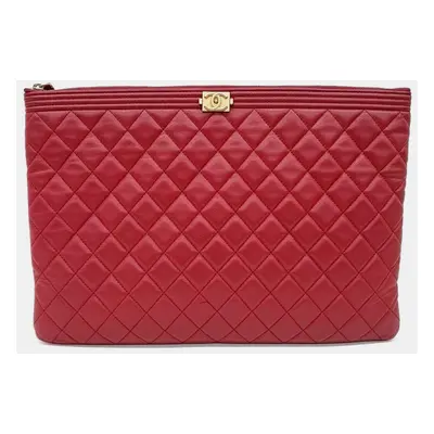 Chanel Red Quilted Lambskin Large Boy Zip Pouch