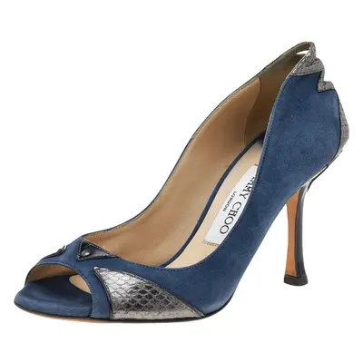 Jimmy Choo Blue Suede and Snakeskin Peep Toe Pumps Size 36.5