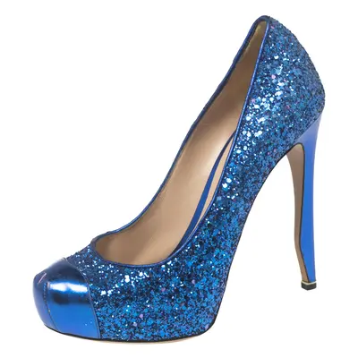 Nicholas Kirkwood Blue Glitter Platform Cap Toe Pumps Size