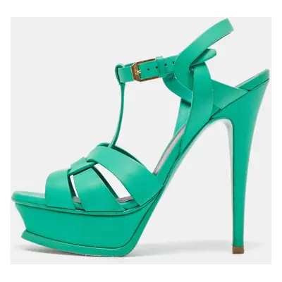 Saint Laurent Green Leather Tribute Ankle Strap Sandals Size 36.5