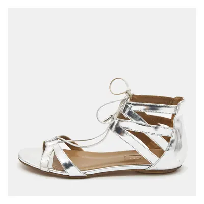 Aquazzura Silver Leather Strappy Flat Sandals Size