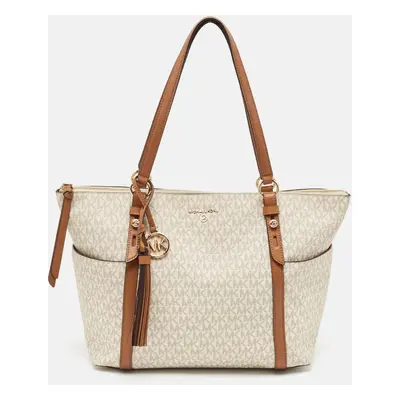 Michael Kors White/Brown Siganture Coated Canvas Sullivan Top Zip Tote