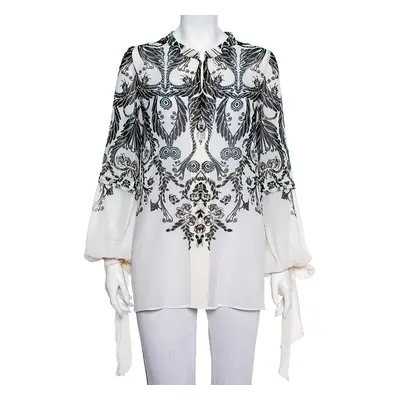 Just Cavalli Monochrome Printed Silk Sleeve Tie Detail Top