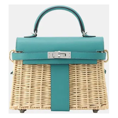 Hermes Vert Verone Swift Leather Wicker Picnic Mini Kelly Top Handle Bags