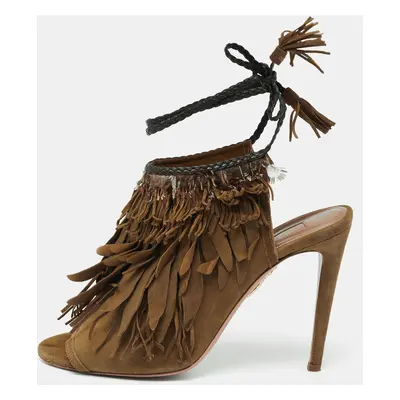 Aquazzura Olive Green Suede Tassel Ankle Tie Sandals Size