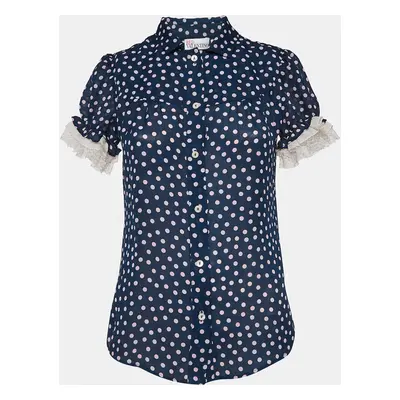 RED Valentino Navy Blue Dotted Crepe Puff Sleeve Blouse