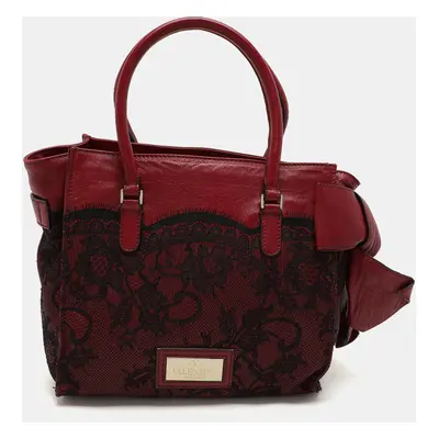 Valentino Dark Red/Black Leather and Lace Bow Tote