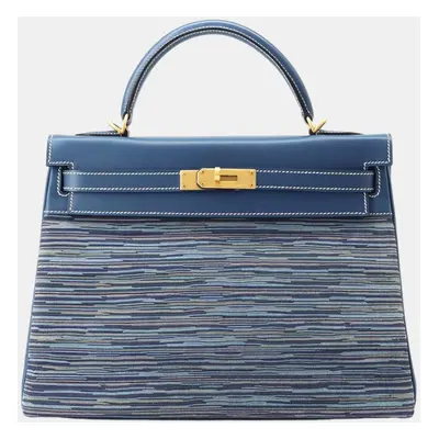 Hermes Blue Thalassa Box Calf Leather Vibrato Kelly Retourne Top Handle Bags