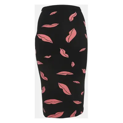 Diane Von Furstenberg Black/Pink Lips Patterned Knit Pencil Skirt