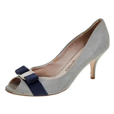 Salvatore Ferragamo Blue/White Canvas Vara Bow Peep Toe Pumps Size