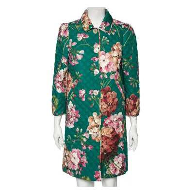 Gucci Green Floral Printed Quilted Cotton Button Front Coat