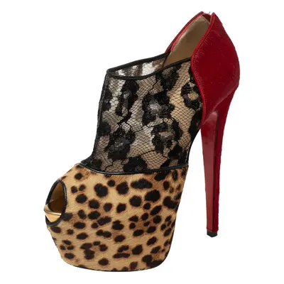 Christian Louboutin Leopard Print/Red Pony Hair and Black Lace Aeronotoc Booties Size 37.5