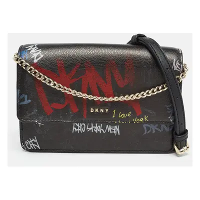 DKNY Black Leather Graffiti Print Flap Crossbody Bag