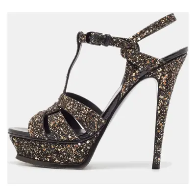 Saint Laurent Black Glitter Tribute Platform Sandals Size 38.5