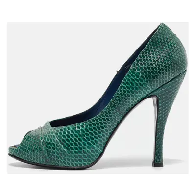 Roger Vivier Green Snakeskin Leather Peep Toe Pumps Size 37.5