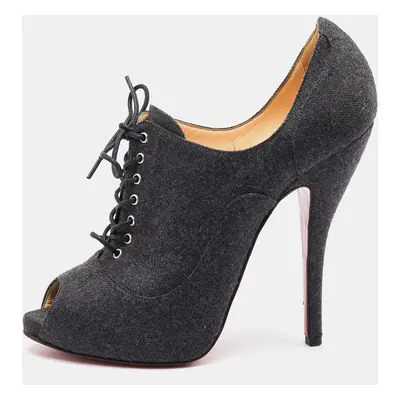 Christian Louboutin Grey Felt Fabric Flannel Lady Peep Toe Lace Up Oxford Booties Size