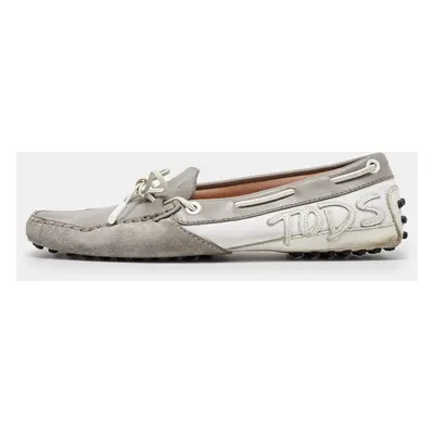 Tod's Grey/White Suede and Leather Bow Slip On Loafers Size