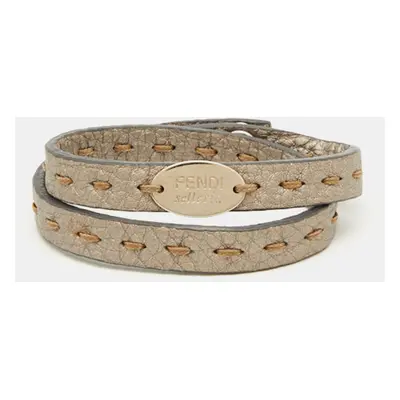 Fendi Selleria Metallic Leather Silver Tone Double Wrap Bracelet