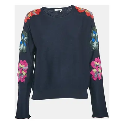 Chloe Navy Blue Floral Embroidery Wool Sweater