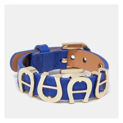 Aigner Blue Leather Gold Tone Logo Wrap Bracelet